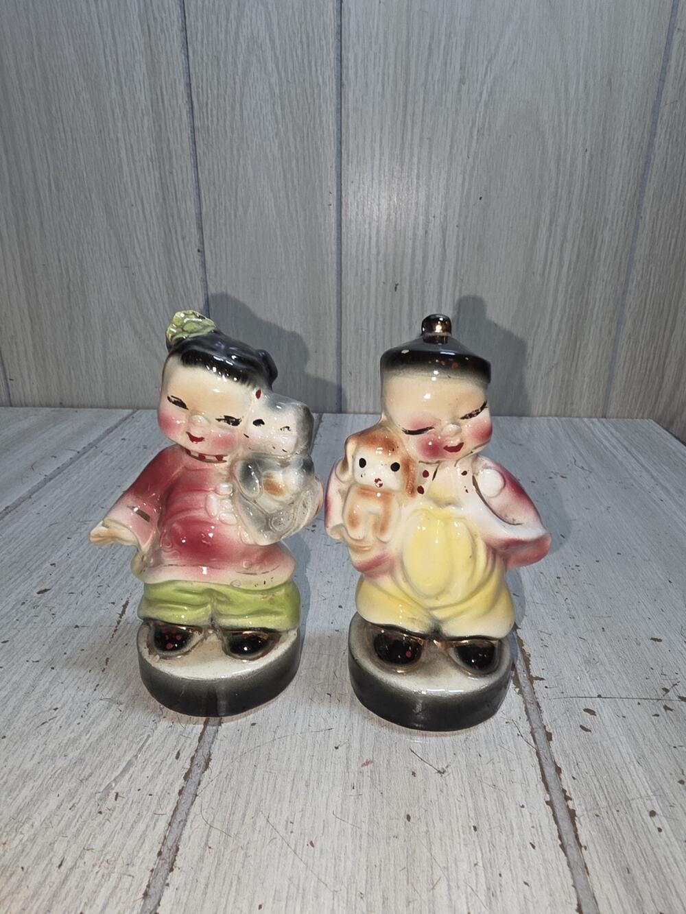 Vtg Figurines Asian Ching Lin Boy Girl Cat Dog Japan READ